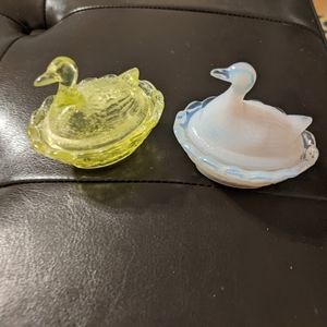 2 Vintage Glass Bird Duck on Nest Beauties Trinket Boxes